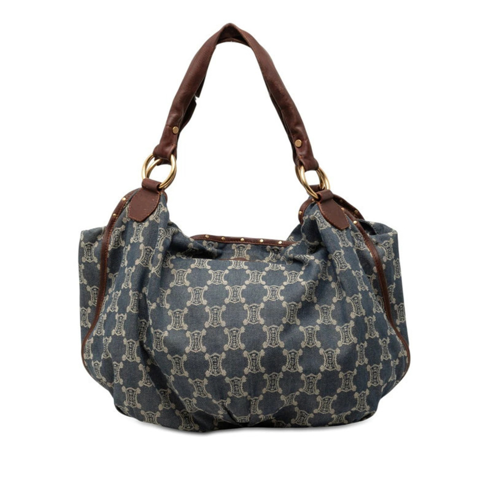 Celine Paris Macadam Shoulder Bag Blue Brown Denim Leather